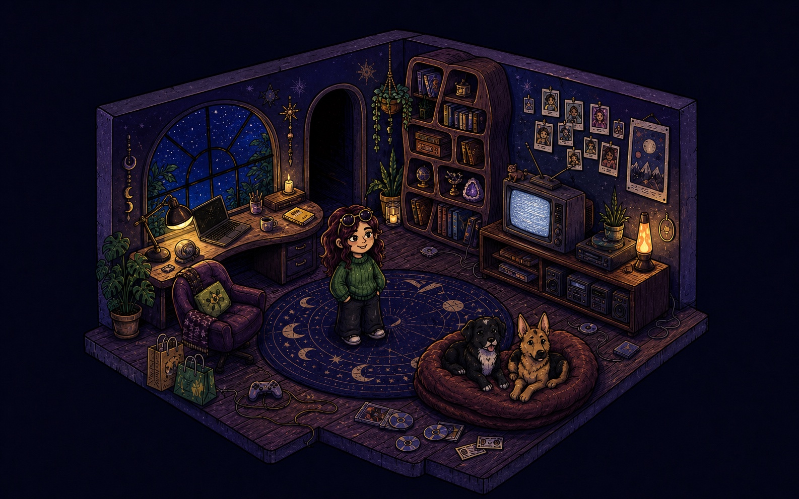 An illustrated midnight room belonging to Simran, Kaalu and Audi